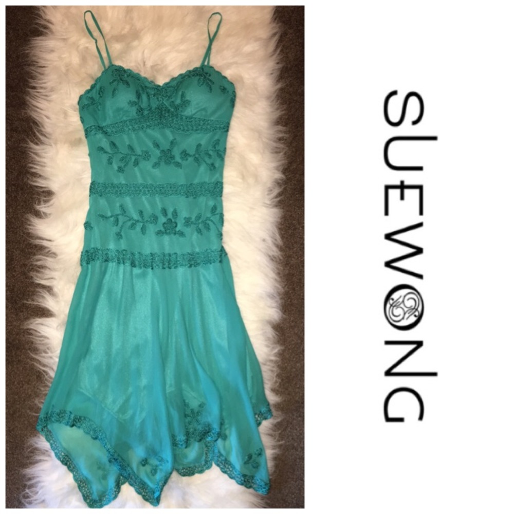 Beautiful Sue Wong Silk Turquoise blue/green Dress